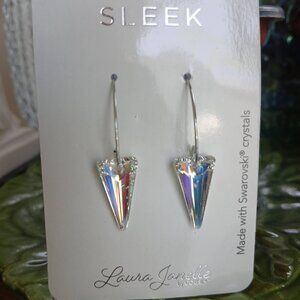 Laura Janelle Swarovski crystal silver triangle pendant wire hoop earrings NEW